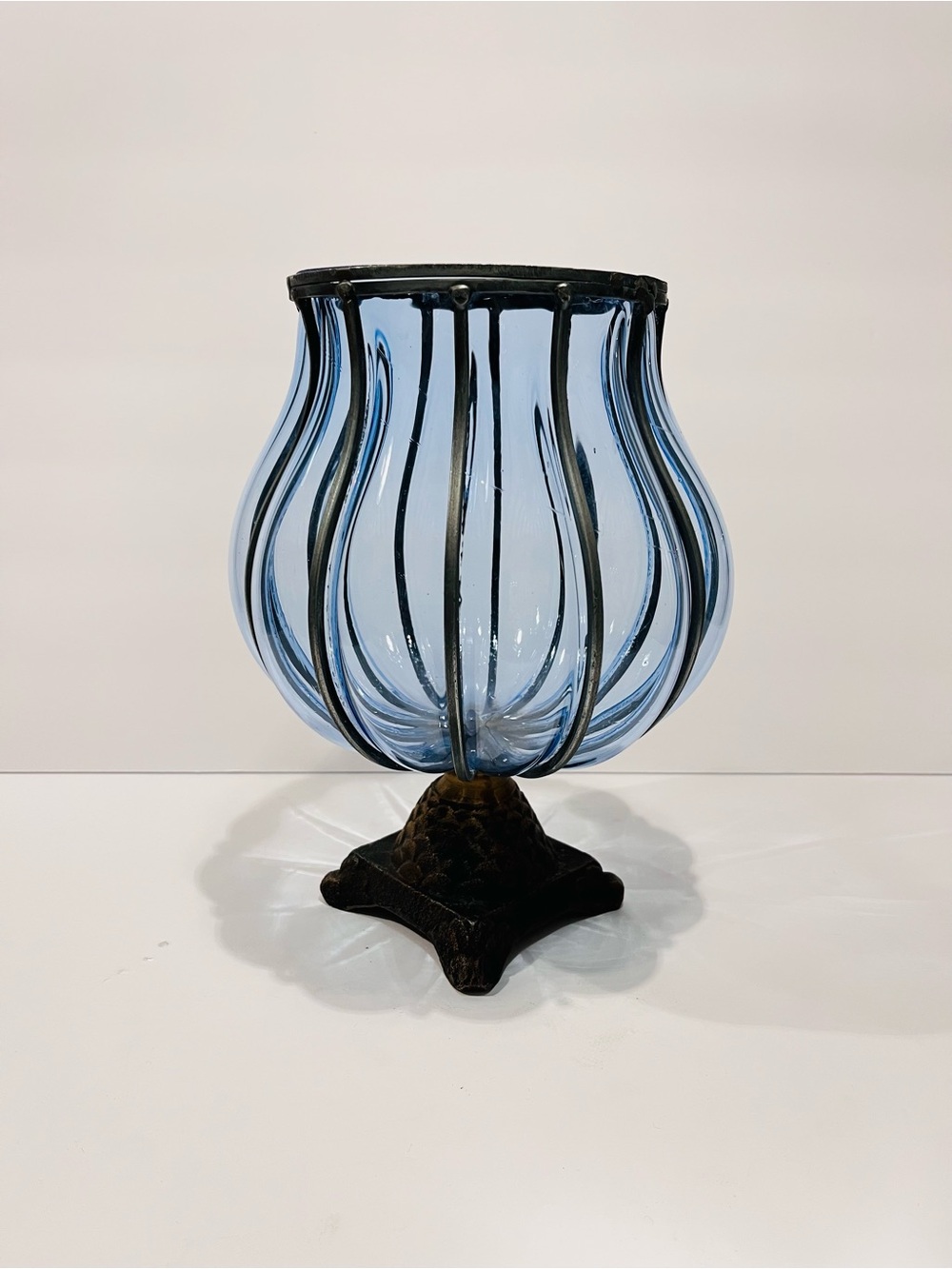Vintage MCM Caged Hand Blown Blue Glass Vase or Candle Holder